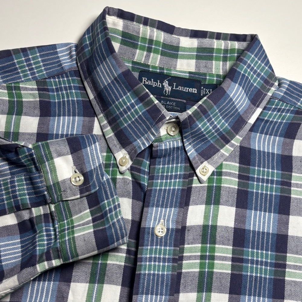 Ralph Lauren Blake Fit Blue White Plaid Mens XL Long Sleeve Button Down Shirt‎